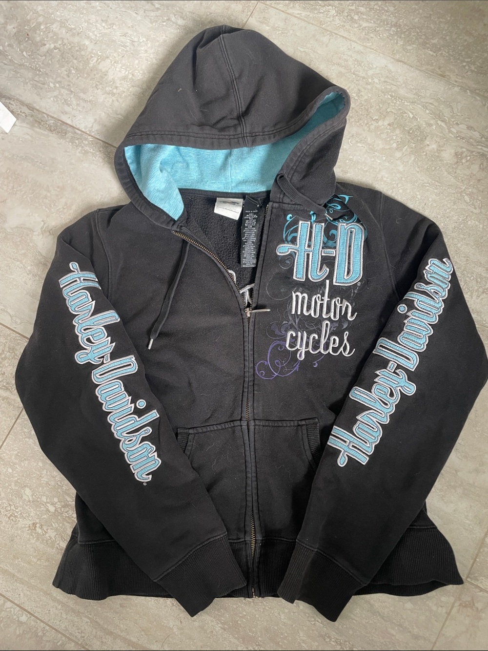 Vintage Harley-Davidson Black Zip Hoodie with Light Blue Accents